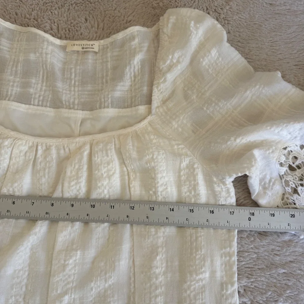 White Gauze Lace Dress Boho Peasant Square Neck Feminine Mori Girl Cottagecore‎